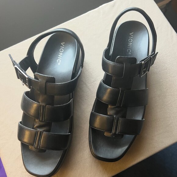 Vionic Delano Platform Wedge Sandals – Black Leather, Size 12 (New in Box) - Picture 2 of 8
